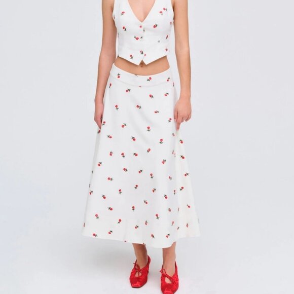 For Love And Lemons Talia Rosebud Embroidered A-Line Midi Skirt - Picture 4 of 11
